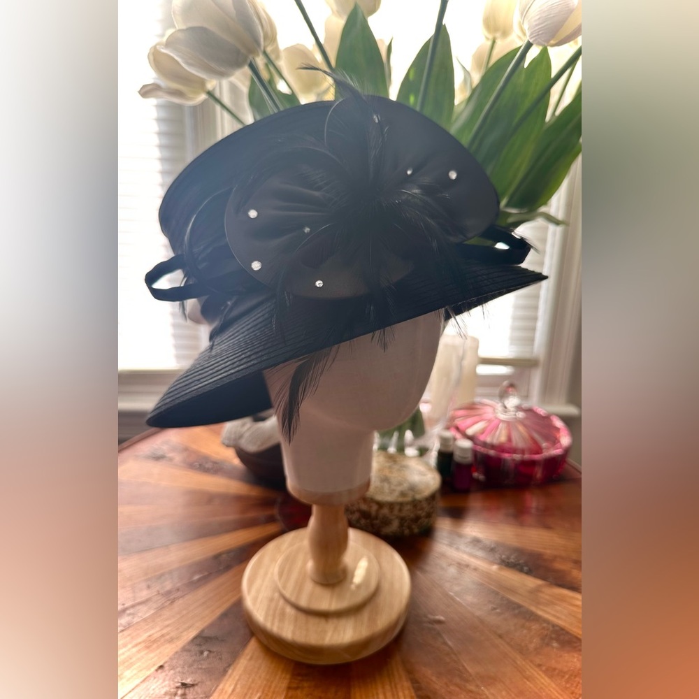 Chic Black Cloche Hat by Swan Hat with Feather and rhinestone Embellishments